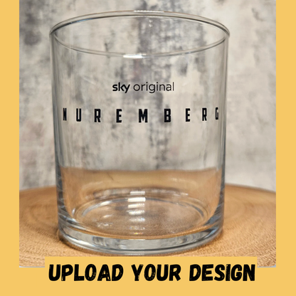 Personalised 37cl Tubo tumbler glass printed with a custom holiday design, showing full colour print quality on the short wide rocks glass shape