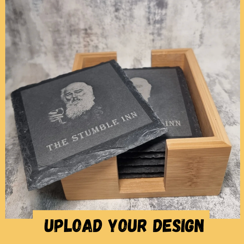 Personalised Upload Your Own Logo Slate Coasters - Pack of Six with Wooden Holder - Custom Coaster - Gift For Him or Her - Home Bar -  Housewarming Gift - Birthday, Anniversary Gift