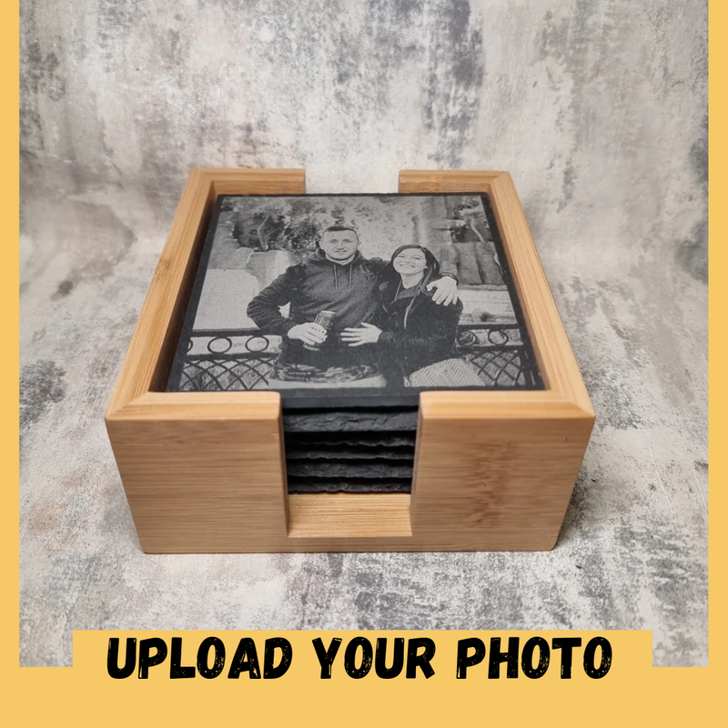 Personalised Photo Slate Coasters - Pack of Six with Wooden Holder - Custom Coaster - Gift For Him or Her - Home Bar -  Housewarming Gift - Birthday, Anniversary Gift