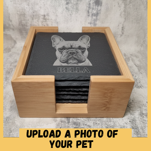Personalised pet photo slate coasters with wooden holder featuring custom engraved animal portrait