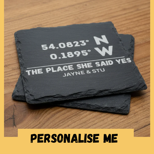 Personalised slate coasters with engraved GPS coordinates and custom names - wedding engagement gift