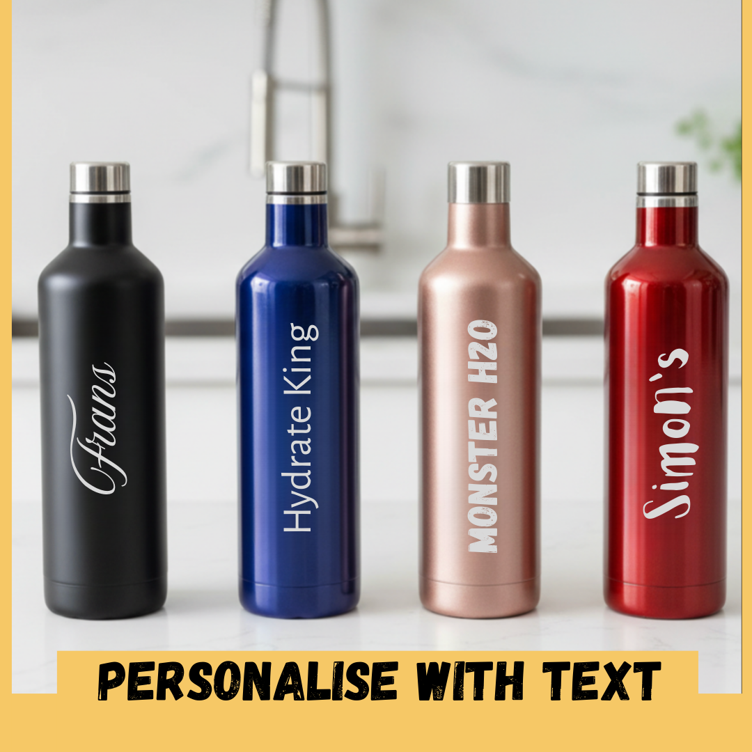 Personalised wine bottle shaped stainless steel water bottle with custom name engraved, shown in lifestyle setting
