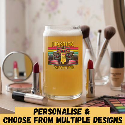 Lipstick and Lap Times personalised racing can glass — Option 1 design, 500ml