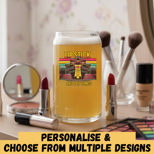 Lipstick and Lap Times personalised racing can glass — Option 1 design, 500ml