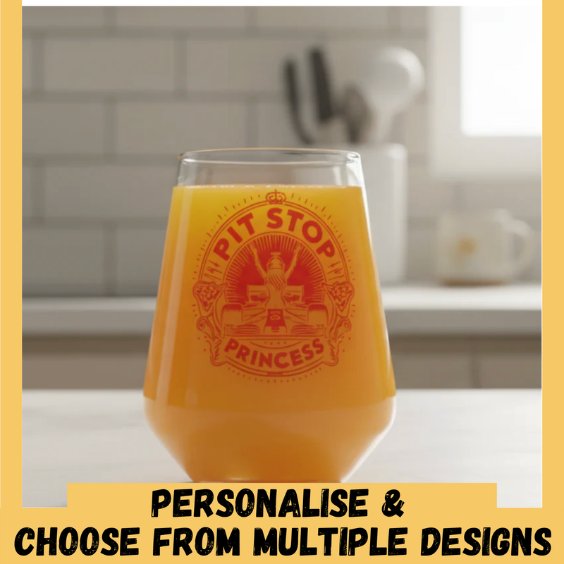 Pit Stop Princess personalised racing can glass — winged goddess design, 500ml