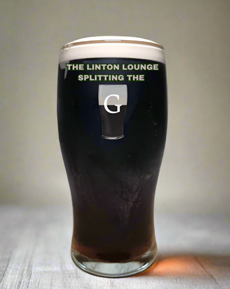 Personalised Guinness Glass - add your name or text to the glass and we will print a Split the G glass underneath it 