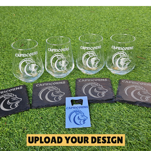 Personalised Home Bar Gift Set | 4 Stemless Beer Glasses Coasters Opener First Glass Designs