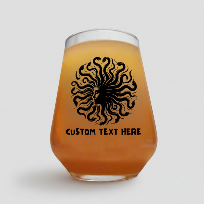 Personalised Medusa beer glass, custom printed with mandala-style snake hair design