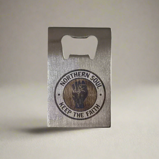 Personalised Northern Soul stainless steel bottle opener with engraved logo 
