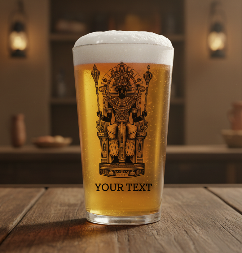 Personalised Osiris whiskey glass featuring the Egyptian god of the afterlife wearing an atef crown, holding a ceremonial sceptre and flail, with elaborate collar and hieroglyphic borders, custom text engraving at base"