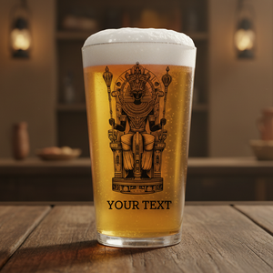 Personalised Osiris whiskey glass featuring the Egyptian god of the afterlife wearing an atef crown, holding a ceremonial sceptre and flail, with elaborate collar and hieroglyphic borders, custom text engraving at base"