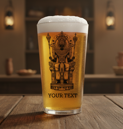 Personalised Osiris whiskey glass featuring the Egyptian god of the afterlife wearing an atef crown, holding a ceremonial sceptre and flail, with elaborate collar and hieroglyphic borders, custom text engraving at base"