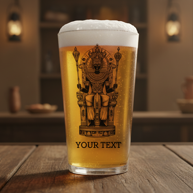 Personalised Osiris whiskey glass featuring the Egyptian god of the afterlife wearing an atef crown, holding a ceremonial sceptre and flail, with elaborate collar and hieroglyphic borders, custom text engraving at base"