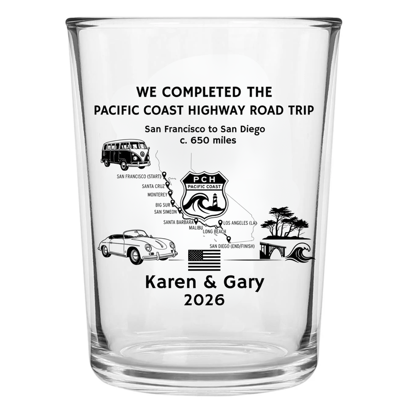 Personalised Pacific Coast Highway glass with custom printed route map