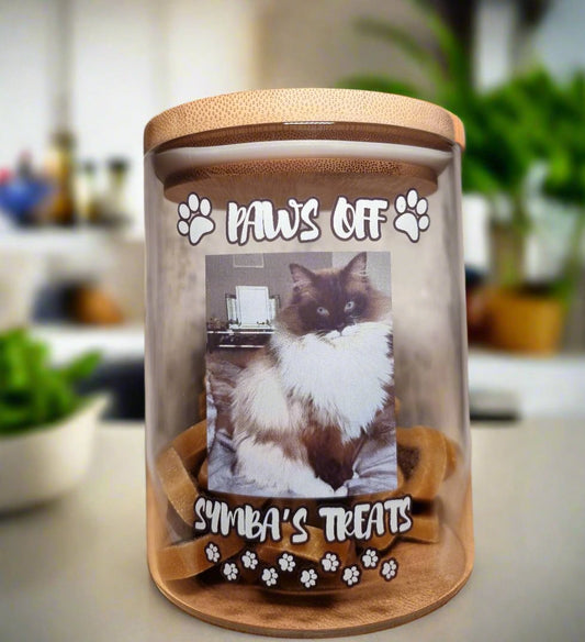 Personalised Pet Dog Cat Treat Jar, Upload an image of your pet, Custom Engraved Pet Storage Food Jar 