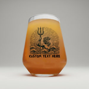 Personalised Poseidon beer glass, custom printed with detailed trident, waves and sunburst illustration