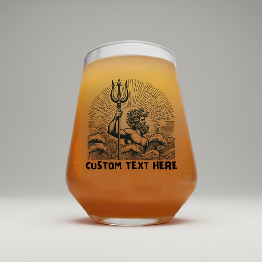 Personalised Poseidon beer glass, custom printed with detailed trident, waves and sunburst illustration