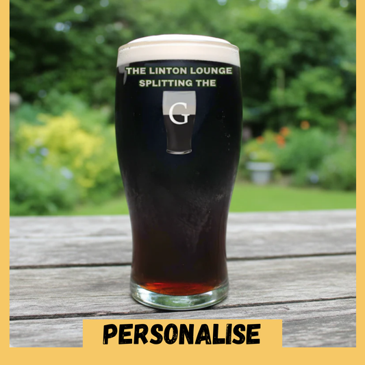 Personalised Split the G pint glass with custom text – stout gift