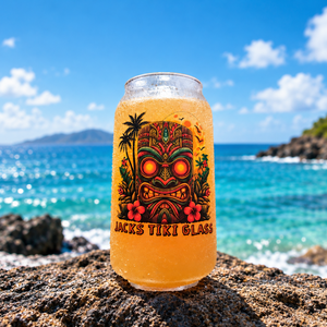 A personalised tiki can-shaped cocktail glass with a colorful tiki mask and floral design, placed on a rock with a tropical background.