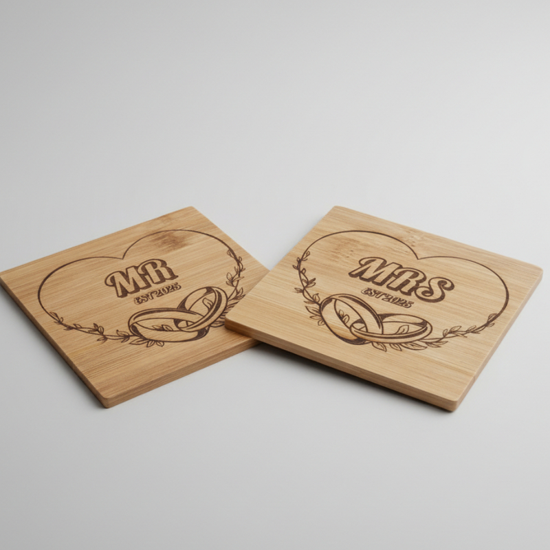 Mr and Mrs wedding coasters, laser engraved bamboo with interlocking rings and heart wreath design, set of two