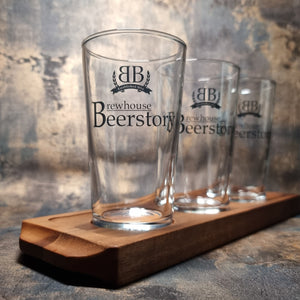 Personalised beer flight paddle with three uploaded custom design glasses filled with golden craft beer, unique gift for him

