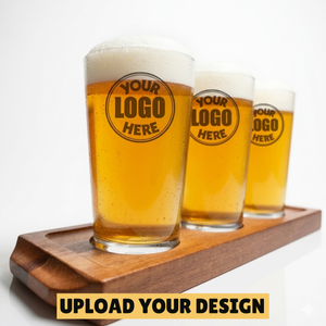Personalised beer flight paddle set with three custom printed half pint glasses featuring YOUR LOGO HERE design on wooden serving board