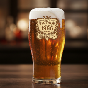 Personalised birthday beer glass with "Aged to Perfection - 1986" custom 
year engraving, filled with golden amber beer and white foam head, 
displayed against blurred bar background