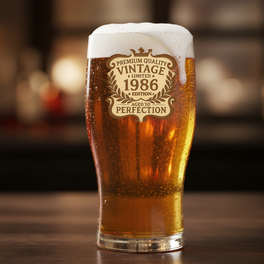 Personalised birthday beer glass with "Aged to Perfection - 1986" custom 
year engraving, filled with golden amber beer and white foam head, 
displayed against blurred bar background
