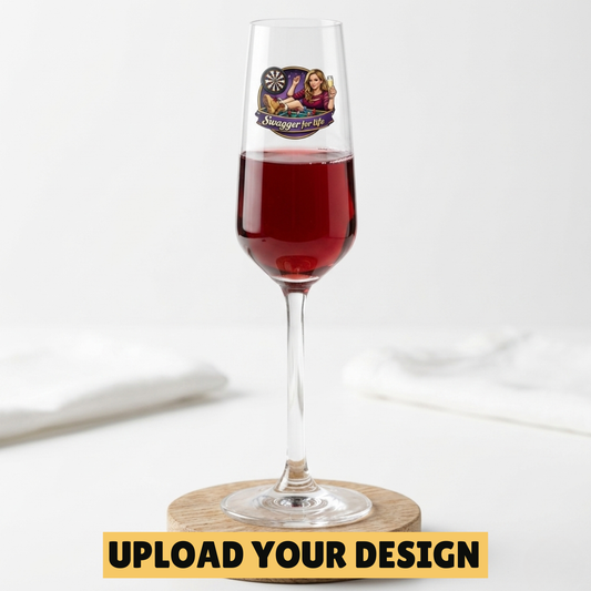 Personalised champagne flute with custom uploaded design on wooden coaster, unique wedding and birthday gift for her