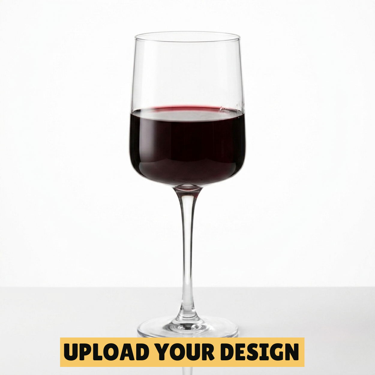 Personalised classic stemmed wine glass with elegant bowl on fine stem filled with red wine, unique custom printed gift for her