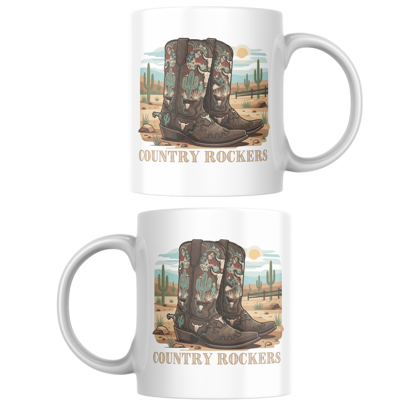 Personalised cowboy boots ceramic coffee mug shown from two angles 
displaying custom name and western boots design with desert cacti, 
fencing, and turquoise accents on premium white ceramic with handle