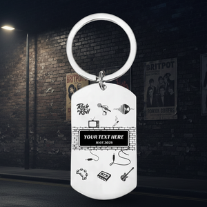 Personalised custom engraved stainless steel keyring, a Britpop rock and roll music fan gift and concert keepsake souvenir