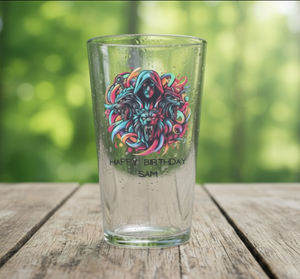 Custom printed pint glass with wolves illustration and name