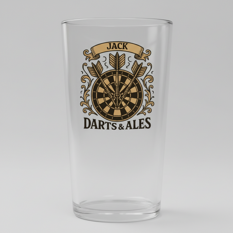 Personalised darts beer glass, custom printed with dartboard design, darts and Darts & Ales banner