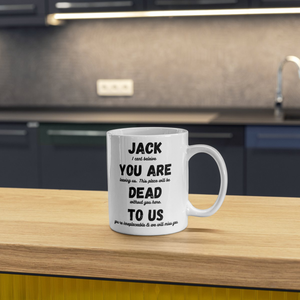 Personalised funny leaving mug on kitchen worktop showing custom printed name design