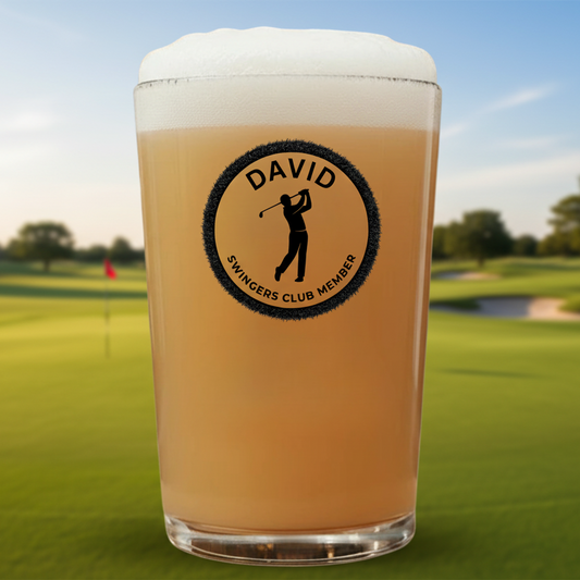 Personalised golf pint glass with custom name David and Swingers Club Member golfer design