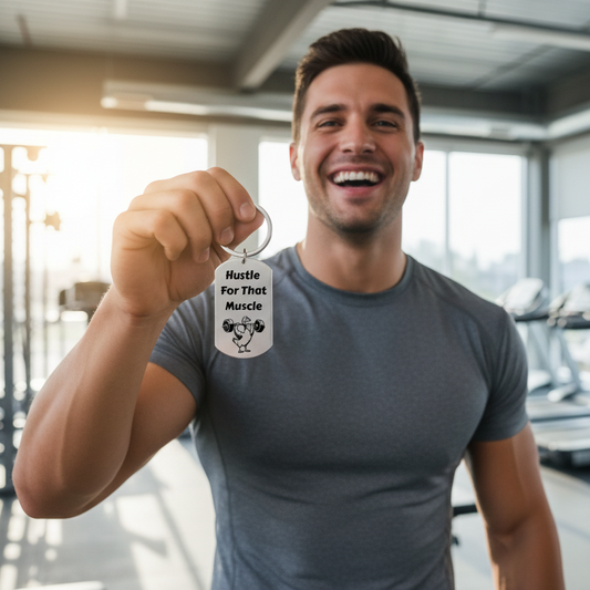 Man in a gym holding a keychain with text