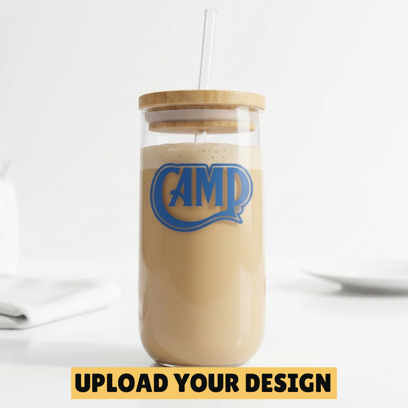 Personalised iced coffee glass with bamboo lid and glass straw with custom printed design, unique gift for coffee lovers