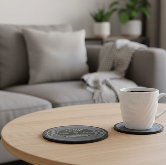 Personalised vinyl record coaster with Fran and Jack names custom song title laser engraved bamboo 45 RPM design