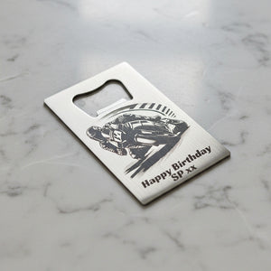 Bottle opener with motorcycle design and 'Happy Birthday SP xx' text on a white background