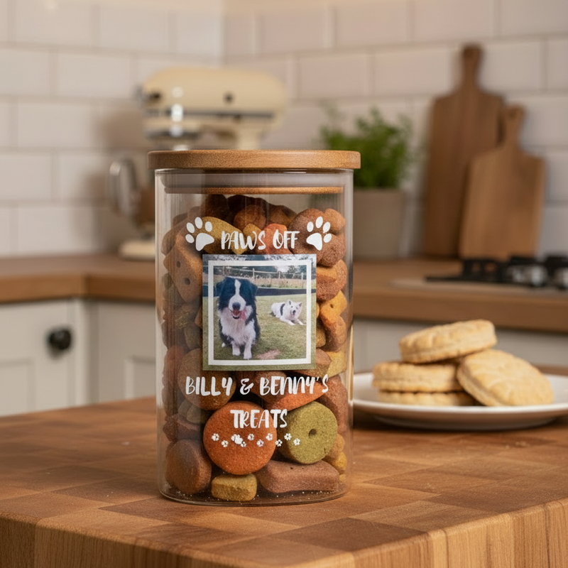 Personalised pet treat jar with custom printed photo of dog on front, glass jar with airtight screw top lid