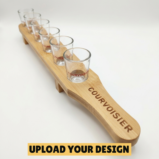 Personalised shot glass paddle set with six custom printed glasses on laser engraved bamboo paddle, unique party and corporate gift