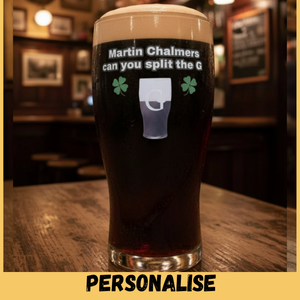 Custom engraved Split the G pint glass tumbler filled with dark stout beer