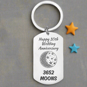 Personalised stainless steel keyring with moon and stars design and “3652 Moons” text – 10 year wedding anniversary gift for husband, wife, or partner