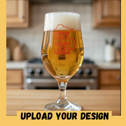 Personalised stemmed tulip beer glass with custom uploaded design, unique craft beer gift for him