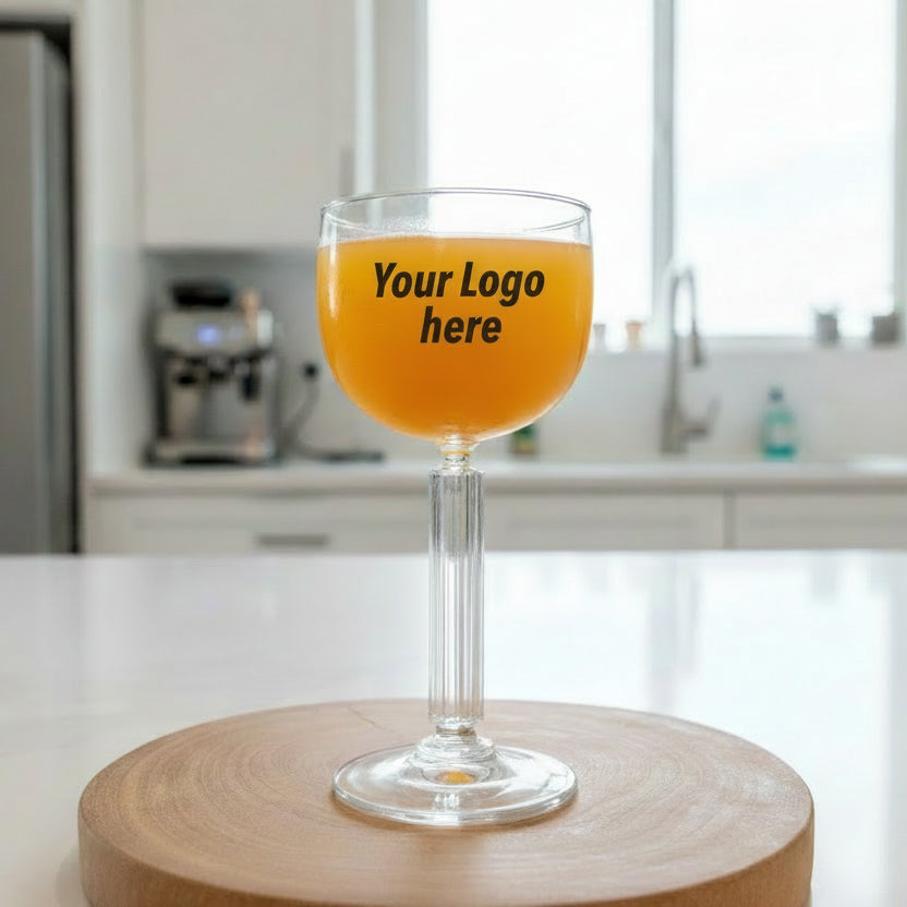 Personalised wine and cocktail glass upload design on white background, unique wedding and birthday gift for her