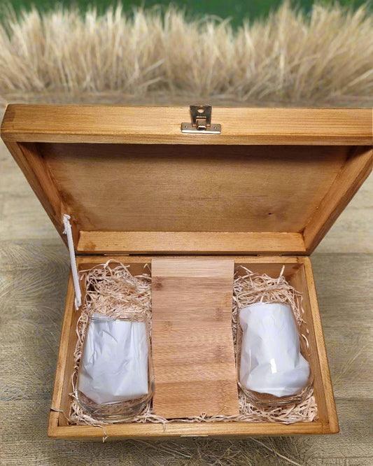 "Personalised wooden gift box set with two bamboo coasters and custom engraved glassware – unique gift with upload design feature"