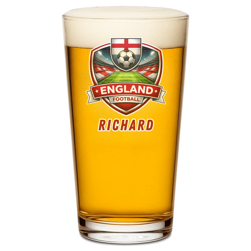 Personalised England football pint glass custom printed with name and England crest design