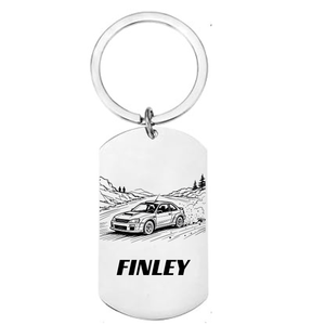 Personalised rally car laser engraved stainless steel dog tag keyring with modern rally car forest stage scene and personalised name on white background