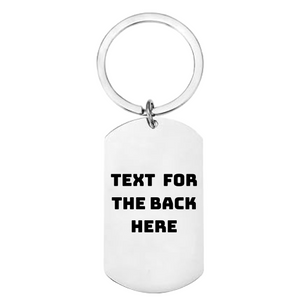 Reverse of personalised paddleboard keyring showing laser engraved personal message on stainless steel, unique SUP gift for him or her